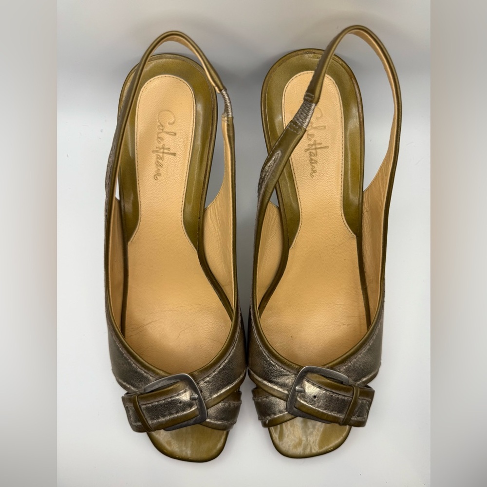 Cole Haan Women's Metallic Gold Slingback Kitten Heel, Open Toe, 3” heel, Sz 9.5